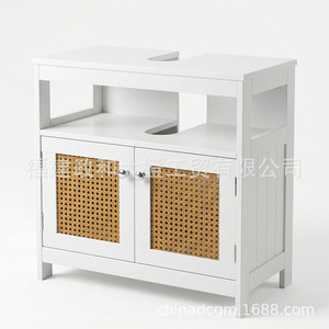 Mueble de Baño Grande Color Naranja con Puerta de Ratán Blanco, Encimera de Madera Sólida, Estilo Rústico, Estante de Almacenamiento - Product Image 1