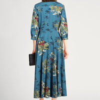 Robe longue plissée bleu sarcelle à manches trois-quarts avec imprimé botanique intégral et col cranté - Fournisseur vérifié du Guangdong, Chine