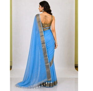 Sari en coton bleu avec bordure Zari pour femmes, tissu en coton respirant de qualité supérieure, vêtements ethniques indiens traditionnels, tenue décontractée pour les festivals - Product Image 4