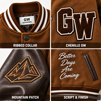 Veste universitaire personnalisée GW pour homme, marron cognac, manches en cuir PU, patch en chenille avec lettres, veste en laine mélangée, fabrication OEM