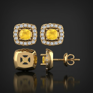 Pendientes de Lujo con Diamantes Amarillos en Forma de Cojín, Oro de 14K, con Halo de Diamantes Blancos Naturales - Product Image 1