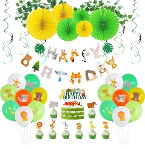 Umiss kağıt Jungle hayvanlar partisi dekorasyon mutlu yıllar afiş kek Toppers lateks balonlar kağıt yelpaze çocuklar için bebek duş