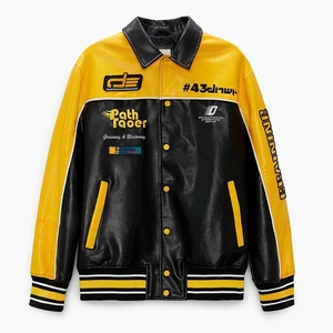 Parche personalizado bordado Logo Unisex Puff estampado <span class=keywords><strong>de</strong></span> gran tamaño <span class=keywords><strong>motocicleta</strong></span> F1 PU <span class=keywords><strong>chaqueta</strong></span> pesada francés Terry <span class=keywords><strong>cuero</strong></span> parche cremallera <span class=keywords><strong>chaqueta</strong></span> - Product Image 4