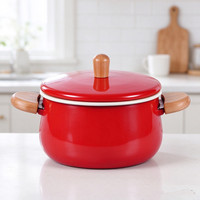 Casserole en émail métallique de 14 cm, 1,8 L, pour cuisine domestique, compatible induction, rouge, avec logo personnalisé, poignée en bois, style japonais