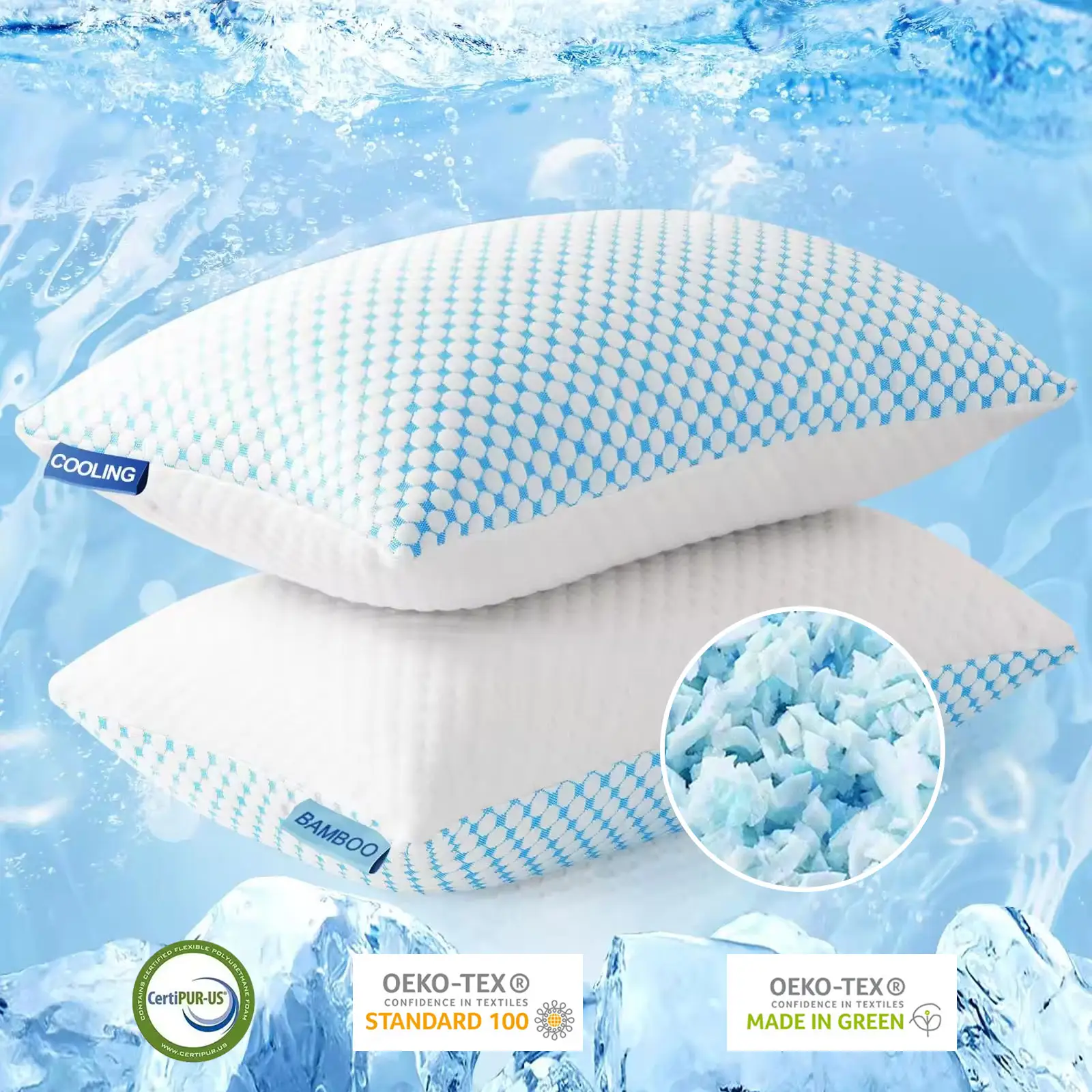 20% Ice Fiber 80% Polyester Double Side Cold Bamboo Shredded Cooling Memory Foam Pillow with Breathable Washable Removable Case