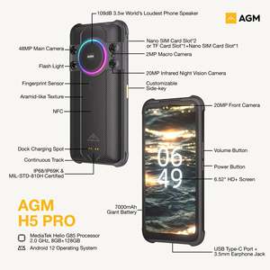 <span class=keywords><strong>AGM</strong></span> <span class=keywords><strong>H5</strong></span> <span class=keywords><strong>Pro</strong></span>, Teléfono Inteligente Resistente con Helio G85, Pantalla HD+ de 6.5 Pulgadas, 6GB+128GB, Cámara de 48MP, Batería de 7000mAh con NFC/IP68, Altavoz de 109dB y Visión Nocturna - Product Image 6