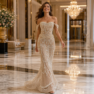 Abito <span class=keywords><strong>da</strong></span> <span class=keywords><strong>Sposa</strong></span> Moderno con Spalle Scoperte, Allacciatura Posteriore, Perle e Pizzo Fatto a Mano, Stile Sirena - Product Image 6