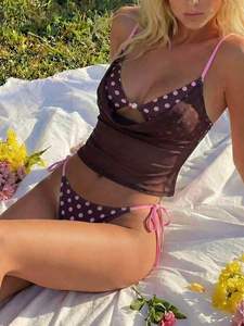 Top Selling <b>Brown</b> Pink Polka Dot Three Piece <b>Bikini</b> Pearl Decor Triangle Top Mesh Camisole Cover Up Side Tie Women Swimwear - Product Image 2