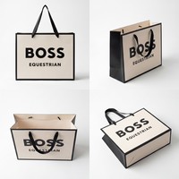 Sac shopping en papier de luxe personnalisé, bordure noire, ruban, poignée, logo de la marque imprimé, sac cadeau mat, emballage de vente au détail