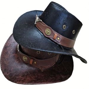 Vintage Western Leather Flat Top Cowboy Jazz <b>Hat</b> <b>for</b> Men and Women Stylish Country <b>Hat</b> <b>for</b> Outdoor Activities Festivals - Product Image 3