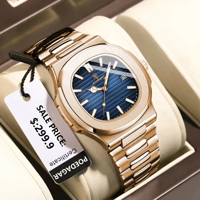 Poedagar 613 Waterproof Luminous Date Stainless Steel Quartz Watch for Men Luxury Fashion Rose Gold Square