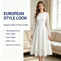 Robe midi élégante pour femme 2026 à col rond et manches longues en dentelle, broderie florale, taille smockée, idéale pour les soirées et les invitées de mariage