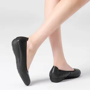 Zapatos de Trabajo de Cuero Negro para Mujer Color Sólido Mocasines Descalzos de Suela Plana y Blanda a la Moda para Otoño Sin Cordones - Product Image 3