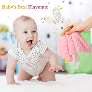 Doudou de sécurité pour bébé avec anneau de dentition, couverture de confort en peluche douce Minky, jouet sensoriel pour nouveau-né, cadeau pour nourrisson, motif animal - Product Image 5