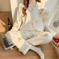 Prix d'usine Ensemble de pyjama d'été respirant à imprimé lapin, haut à manches longues boutonné et pantalon long avec poche poitrine, pour la détente quotidienne