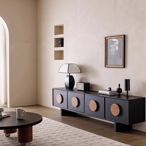 Mueble de <span class=keywords><strong>TV</strong></span> de Madera Maciza de Diseño Retro Moderno en Negro, Mesa <span class=keywords><strong>Sunset</strong></span> con Almacenamiento para Sala de Estar de Apartamentos Pequeños - Product Image 4