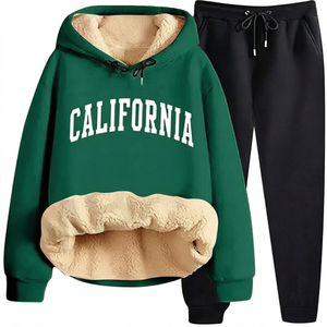 Women 2 Piece <b>Sherpa</b> Lined Tracksuit <b>Hoodie</b> and Sweatpants Set Casual Winter Outfit - Product Image 1