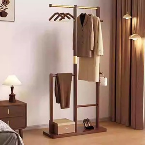 Clothes Rack Solid Wood Walnut Color <b>Standing</b> Type Multifunctional Bedroom Clothing Organizer With Pants And Bag Hooks - Product Image 3