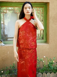 Nuovo Set da Spiaggia in Stile Cinese con Top Halter Antistatico in Jacquard Rosso Vino e Gonna <span class=keywords><strong>Vintage</strong></span> Ricamata per Brindisi della <span class=keywords><strong>Sposa</strong></span> - Product Image 4