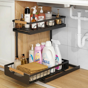 Black Double Tier <b>Metal</b> Under Sink Organizer Rack Adjustable Sliding Storage <b>Shelf</b> for <b>Kitchen</b> Cabinet - Product Image 2