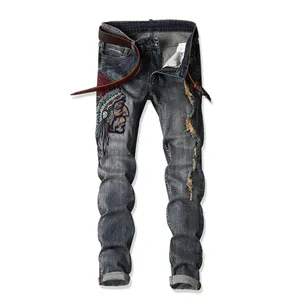 Vintage washed men's embroidery denim jeans custom badge men funky ripped stretch jean