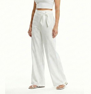 <strong>Women's</strong> White Mid-Waisted Wide-Leg Spring ODM Woven Linen Viscose Blend Breathable Comfort Casual Trousers - Product Image 1