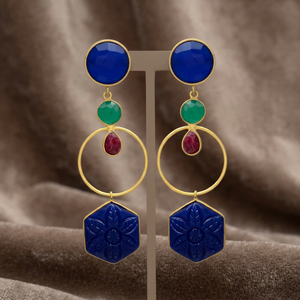 Pendientes de Gema de Ónix Verde, Rubí y Zafiro Hidrotermal, Chapados en Oro, Hechos a Mano, Estilo Étnico, Novedad - Product Image 2