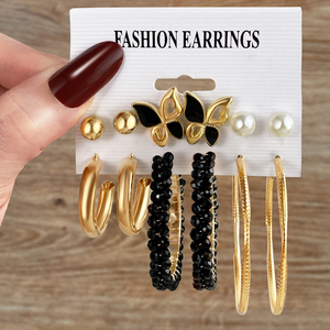 Ensemble de boucles d'oreilles créoles style punk rétro couleur or, motifs fleur, cœur et étoile, pour femme - Product Image 6