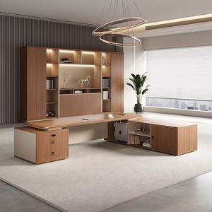 Juego de escritorio y silla ejecutiva Mibo Furniture en forma de L, gris claro, escritorio de oficina para una persona, escritorio de alta gama para presidente. - Product Image 3