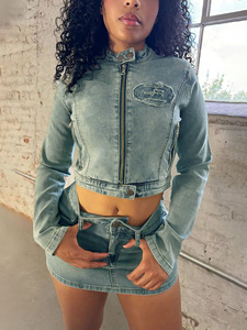 Otoño primavera mujer Casual elástico Sexy cremallera Jeans ropa de calle chaqueta de mezclilla de manga larga y pantalones cortos trajes a juego conjunto de 2 piezas - Product Image 2