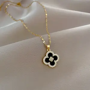 XIXI High Quality Stainless Steel Chain Luxury Zircon 18K Gold Plated Women Four Leaf Clover Pendant Fashion Jewelry Necklaces