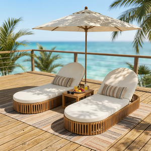 Chaise longue de luxe en teck scandinave pour l'extérieur, au bord de la piscine, avec coussin, pour villa, hôtel, complexe hôtelier - Product Image 2