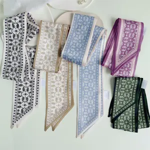 Double layer printed artificial silk tie bag handle scarves long small silk ribbon scarf wrist strap scarf for women