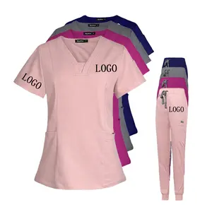 2024 Anti-Wrinkle Polyester Rayon Spandex Nursing Medical Scrub Set For Womens Zipper Jogger Nurse Hospital Scrub Uniforms