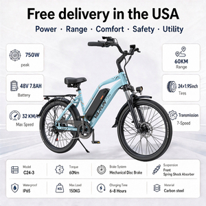 Vélo électrique 24 pouces, moteur 750W, 20 MPH, double suspension avant, batterie amovible 48V 7.8AH, 7 vitesses, entrepôt américain, livraison gratuite - Product Image 1