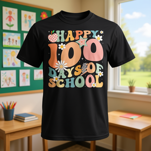 T-shirt Groovy per il 100° giorno di scuola, design Happy Teacher Student per la festa dei 100 giorni - Product Image 3