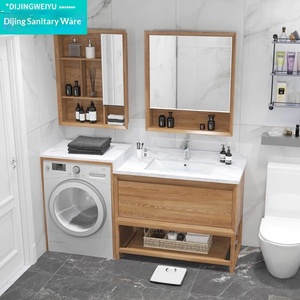 Meuble <span class=keywords><strong>de</strong></span> <span class=keywords><strong>salle</strong></span> <span class=keywords><strong>de</strong></span> <span class=keywords><strong>bain</strong></span> <span class=keywords><strong>de</strong></span> style japonais couleur bois, avec miroir étanche inclus, lavabo <span class=keywords><strong>sous</strong></span>-évier, machine à laver, toilettes, sur pied - Product Image 1