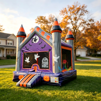 Casa de Brinco Inflable de Grado Comercial con Estampado de Bruja Morada y Luna, Casa de Juegos Inflable con Fantasmas y Murciélagos para Alquiler en Fiestas de Halloween