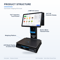 Caisse enregistreuse, terminal de point de vente, système tout-en-un, double écran, écran tactile capacitif 15,6 pouces, balance intégrée, imprimante intégrée