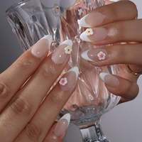 Faux ongles à presser en acrylique, courts, doux, style français, motif fleur 3D rose-jaune, forme amande, sublimes pour la peau, pour mariages, occasions spéciales et personnalisables
