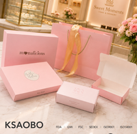 Boîte à gâteau rose de luxe personnalisée, imperméable, avec finition mate et gaufrage, ensemble de sacs en papier réutilisables et pliables pour boulangerie et pâtisserie.