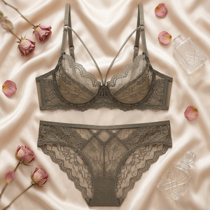 Conjunto de lencería de encaje con aros y bragas para mujer, transparente, romántico, transpirable, tallas grandes, venta al por mayor - Product Image 1