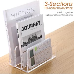 Acrylic Three Compartment Vertical Desktop Mail Organizer Transparent Office File Storage Stand Type Rectangle PC Material - Product Image 2