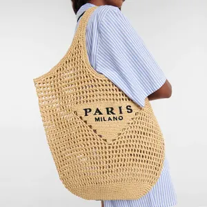 Castom luxe raphia tissé fourre-tout plage sac à main marque concepteur été Shopper sac à main 2023 évider à la main paille sac à provisions