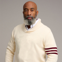 Pull en maille pour homme crème, col châle vintage, avec logo patch chenille personnalisé OEM du fabricant