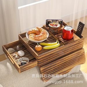 Plateau d'accoudoir de canapé en bois avec tiroir pour collations, boissons et support de téléphone, pour salon - Product Image 1