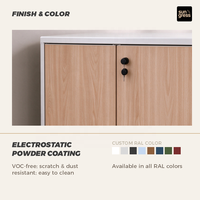 Armoire de classement moderne en acier à grain de bois, 2 portes, meuble de rangement de bureau, buffet métallique avec serrure, base encastrée