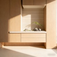 Buffet flottant moderne avec étagères ouvertes et tiroirs en bois naturel pour salon