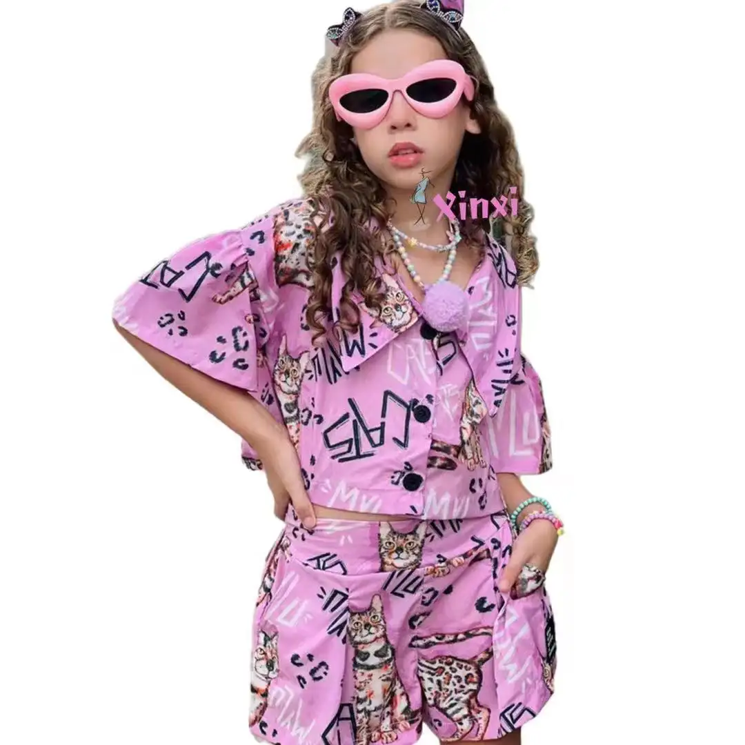 Trending Designers 2023 New Arrivals Girls Summer Sweet Cat Girl Streetwear Clothing Shirt Set Clothes 12 Years Old Age For Kids