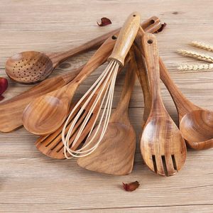 Juego de 11 utensilios de <span class=keywords><strong>cocina</strong></span> de madera <span class=keywords><strong>con</strong></span> soporte, cucharas, espátula y cucharón de madera de teca natural para cocinar en el hogar o en restaurantes. - Product Image 5